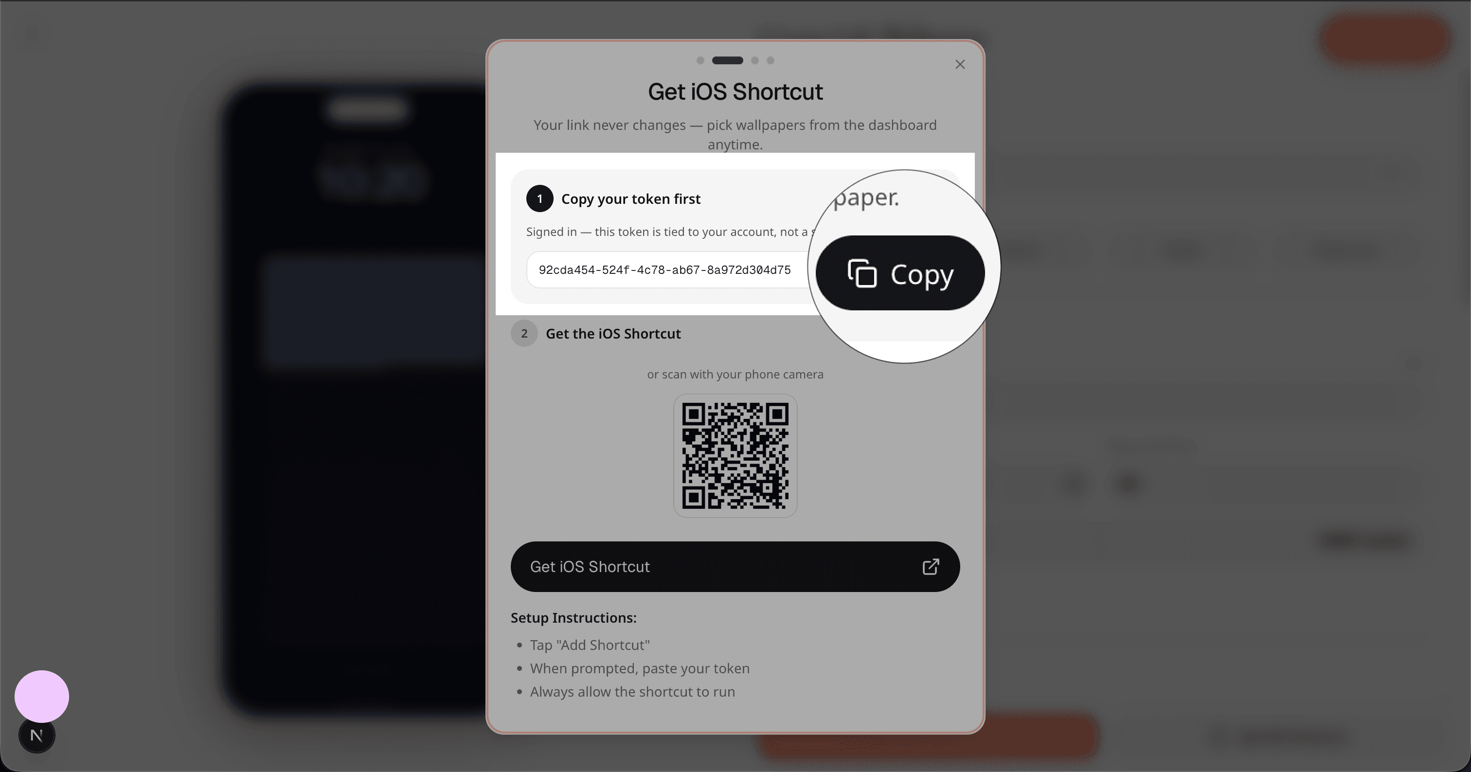 Copy your shortcut token from the Get iOS Shortcut dialog