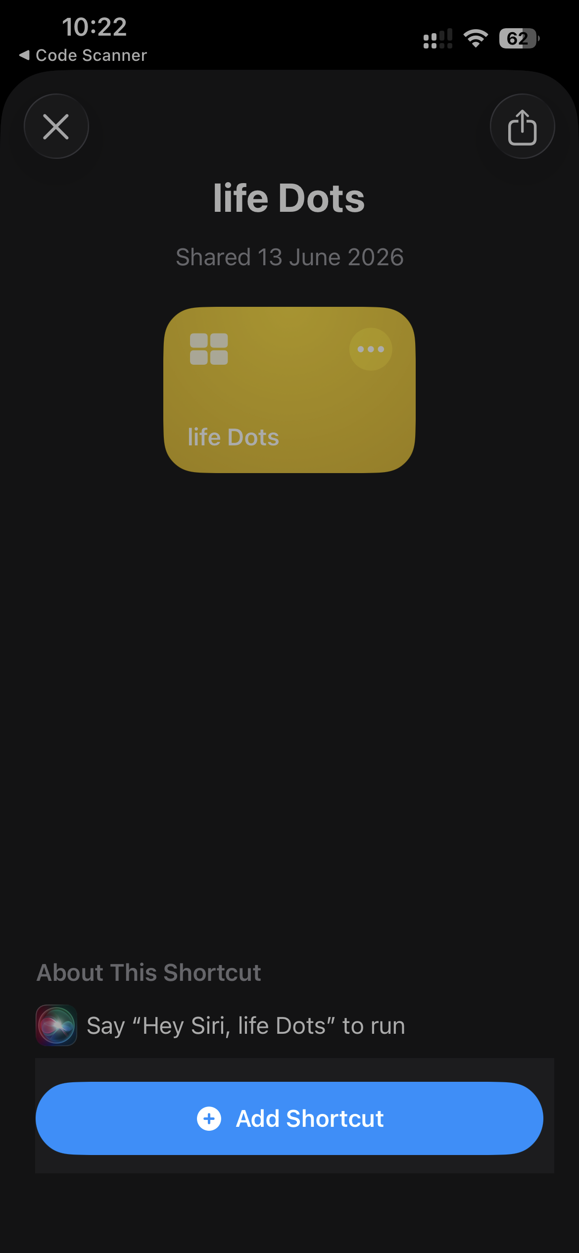 Tapping Add Shortcut on the life Dots shortcut preview screen