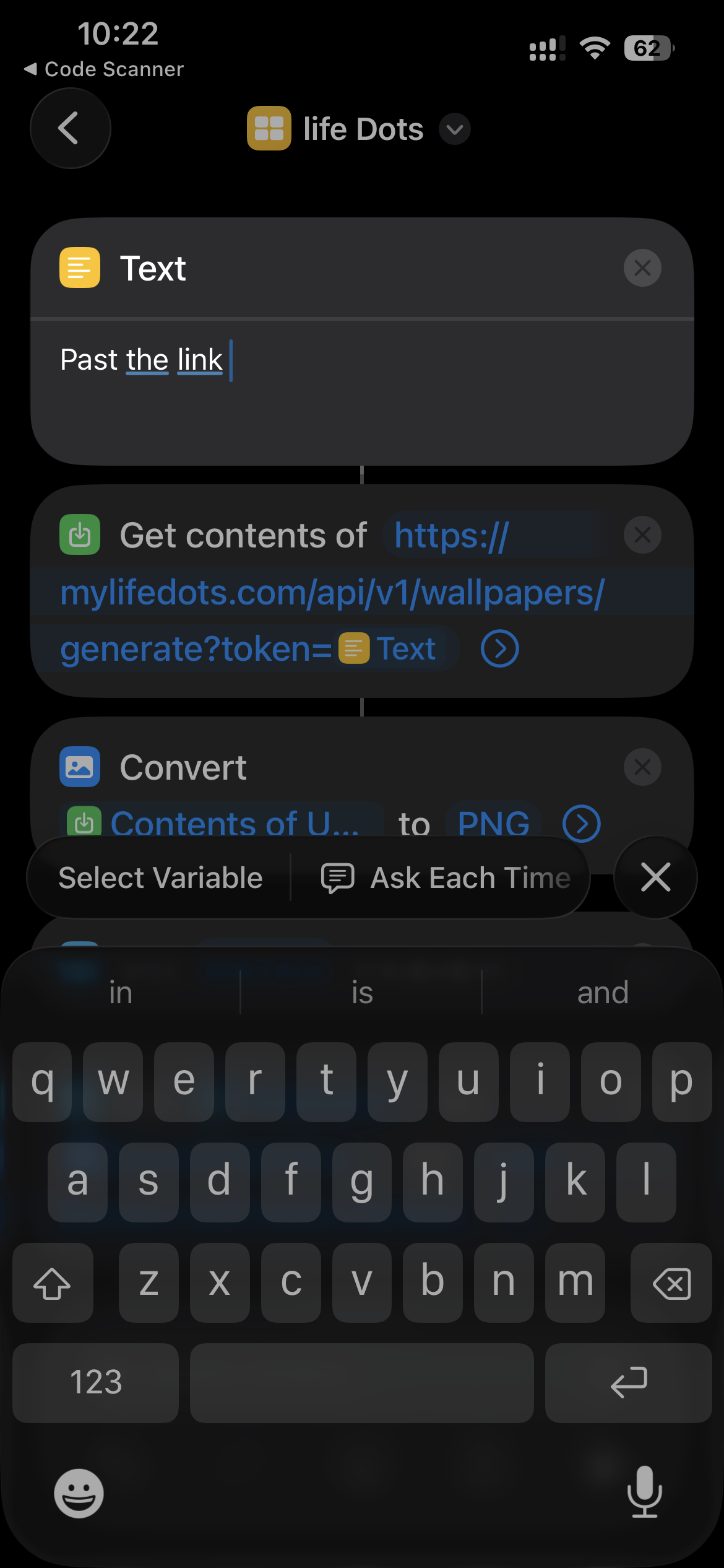 Pasting your token into the Text action at the top of the shortcut