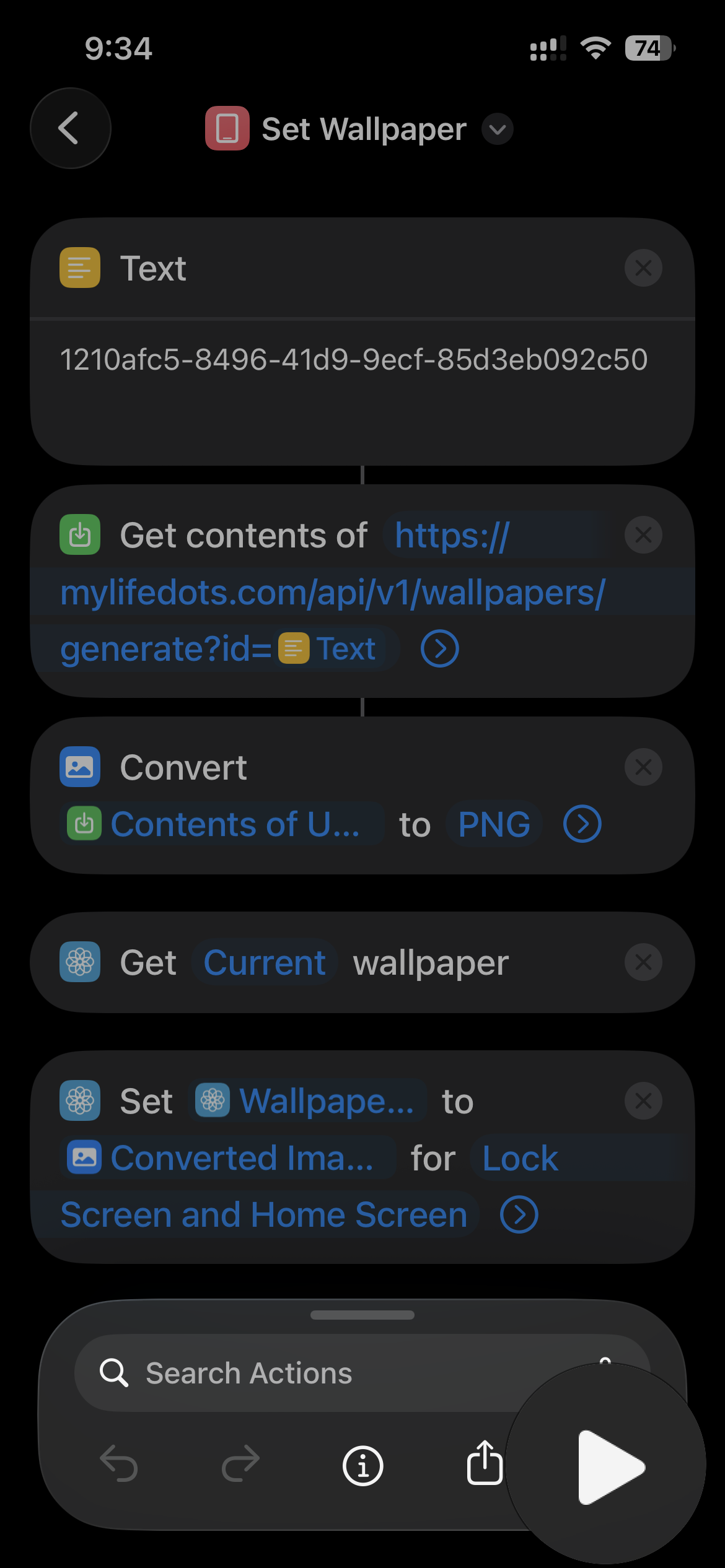 The play button in the bottom-right corner of the shortcut editor
