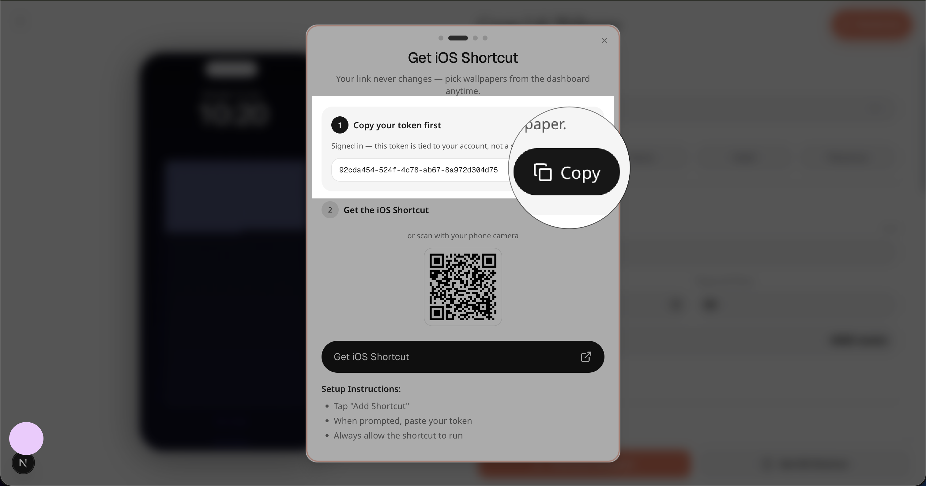 The Get iOS Shortcut dialog with your personal token ready to copy